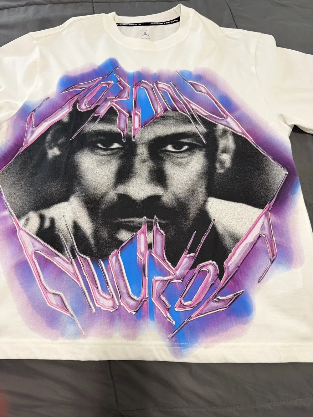 Jordan White Long-Sleeve Tee with Black Face Graphic and Purple/Blue Airbrush